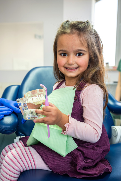 hermosa niña sentada en una silla dental y sosteniendo una maqueta de dientes. Concepto de disposición de dientes - Foto, imagen