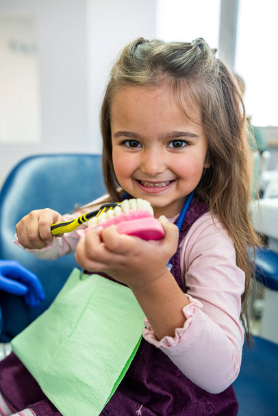 chica en el consultorio del dentista aprende a cuidar de sus propios dientes en una maqueta de dientes de mandíbula. Concepto de maqueta de mandíbula de dientes - Foto, imagen