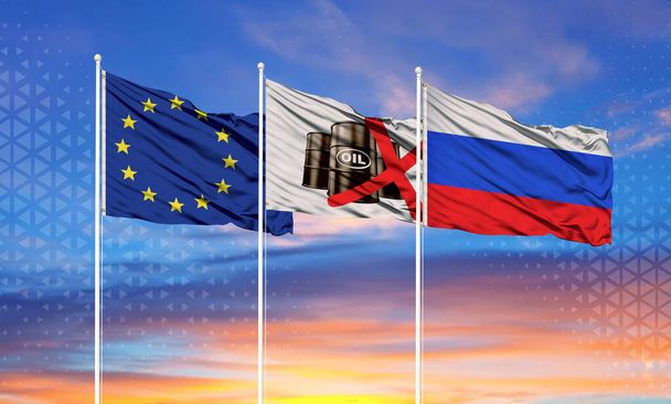 Flags of the European Union and Russia and a flag in white in the middle, the symbol of oil. The concept of sanctions against Russia - Photo, Image
