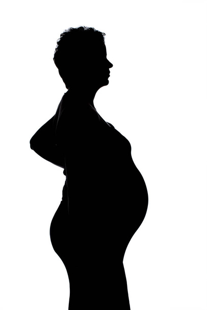 妊婦の肖像画。妊娠中の幸せ女性彼女の腹に触れます,スタジオでの写真セッションを作ります - 写真・画像