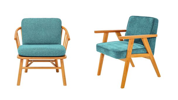 Два розкішні класичні крісла бірюзового кольору з дерев'яними ногами та руками з відсічним контуром ізольовані на білому тлі. Серія меблів
 - Фото, зображення