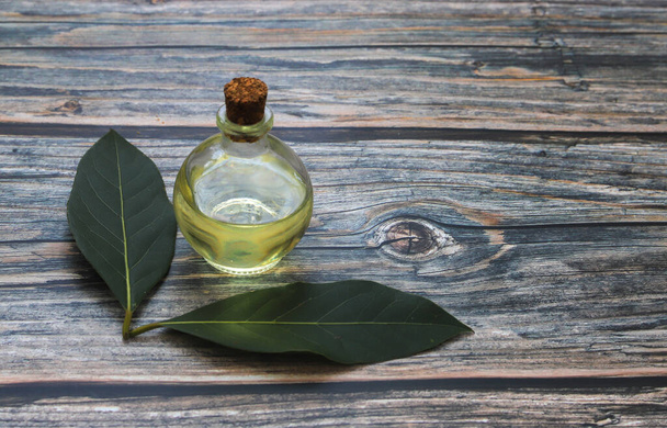 Bottiglia di vetro di olio essenziale di alloro con foglie di dafne su sfondo rustico in legno. Stile di vita sano spa, concetto di terapia - Foto, immagini