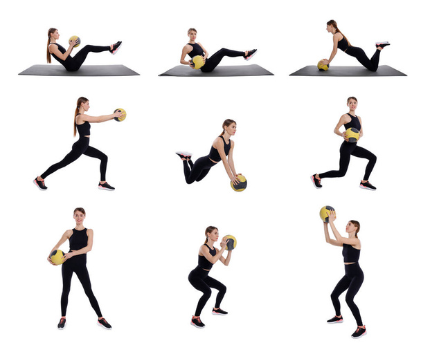 Athletic woman doing different exercises with medicine ball on white background, collage - Foto, Bild