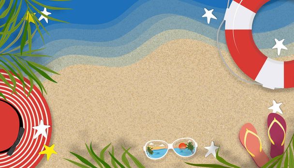 Letní pozadí s plážová dovolená téma s kopírovacím prostorem na písečné pláži, Vektorový horizont banner plochý ležel papír střih tropické Letní design s kokosovými palmovými listy hranice na pláži - Vektor, obrázek
