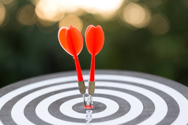 Red Dart Zielpfeil trifft auf Volltreffer mit, Target Marketing und Geschäftserfolgskonzept - Foto, Bild