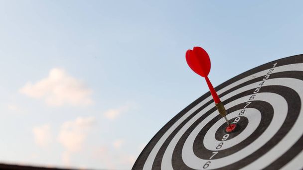 Red Dart Zielpfeil trifft auf Volltreffer mit, Target Marketing und Geschäftserfolgskonzept - Foto, Bild