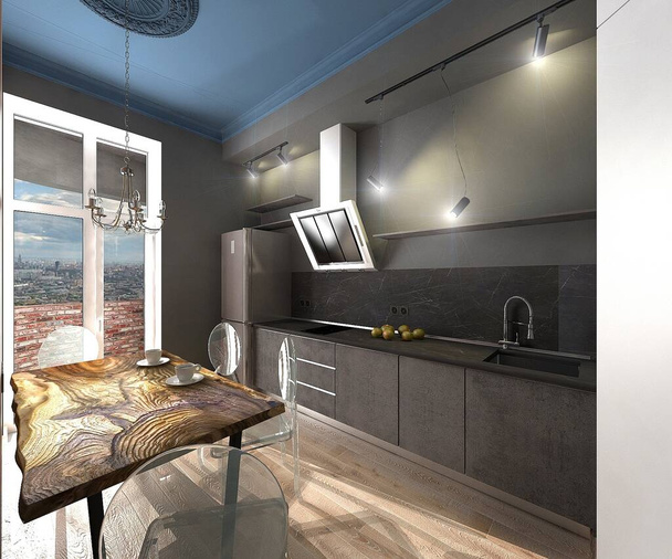 Design d'appartement de style loft. Cuisine. Meubles gris aspect béton. rendu 3D  - Photo, image