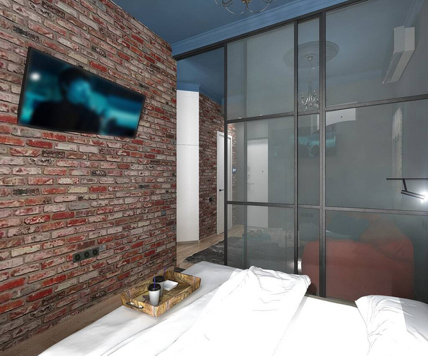Loft style apartment. Bedroom with a bed. Interiors in modern style. 3D render  - Photo, Image