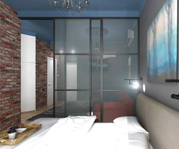 Apartamento estilo loft. Dormitorio con cama. Interiores de estilo moderno. Renderizado 3D  - Foto, Imagen