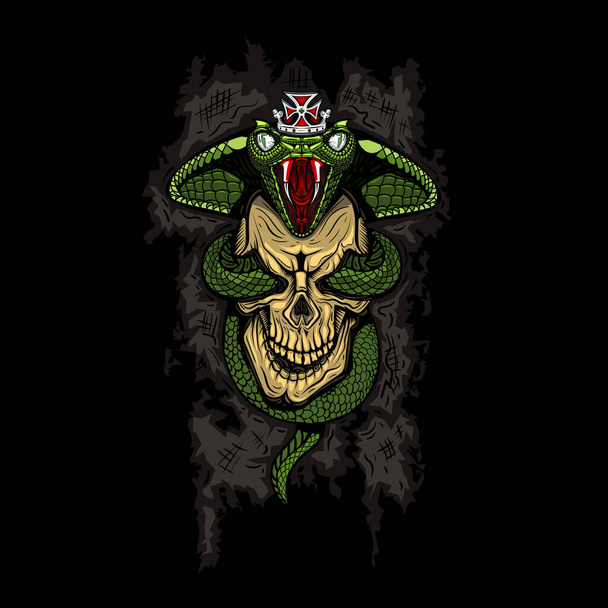 Illustration of a skull with a snake in it and with a crown on its head. T-Shirt and tattoo graphics. - Vektor, kép