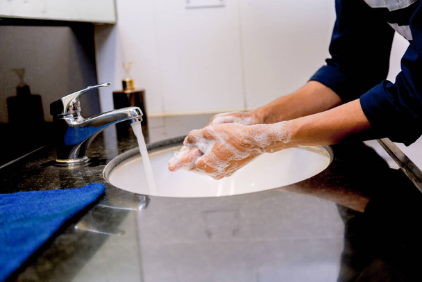 Washing hands rubbing with soap man for covid-19 virus prevention, hygiene to stop spreading covid-19virus. - Φωτογραφία, εικόνα