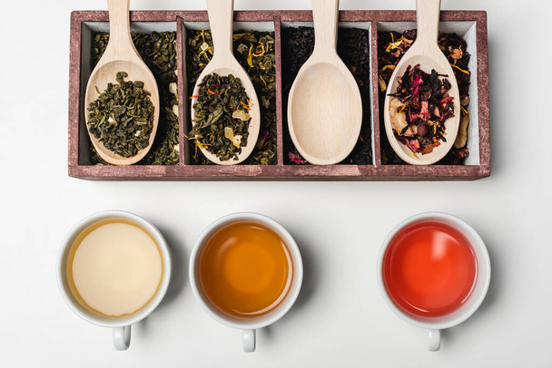 Draufsicht auf Tee in Tassen in der Nähe von Kochlöffeln und Schachtel auf weißem Hintergrund  - Foto, Bild