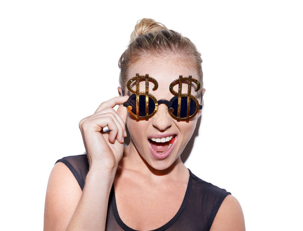 Bring your own bling. Portrait of an unconventional blonde woman wearing bling sunglasses. - Photo, Image