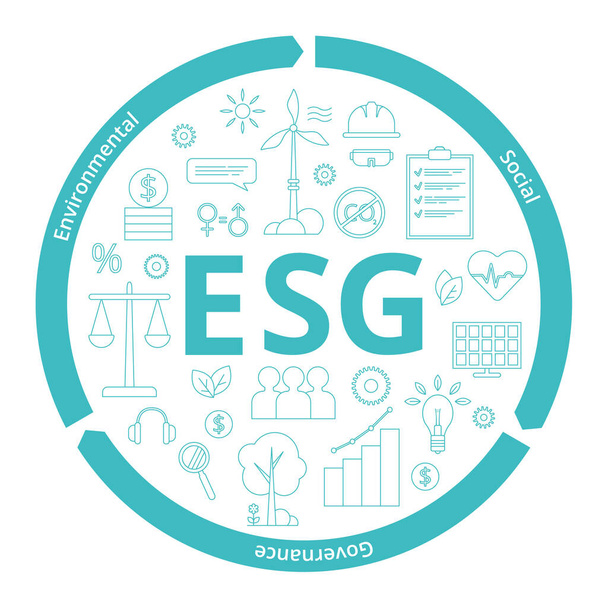 ESG Έννοια της Περιβαλλοντικής, Κοινωνικής και Διακυβέρνησης. Γράμματα με εικόνες που αποκαλύπτουν το νόημά τους. Εικονογράφηση διανύσματος που απομονώνεται σε λευκό φόντο. - Διάνυσμα, εικόνα