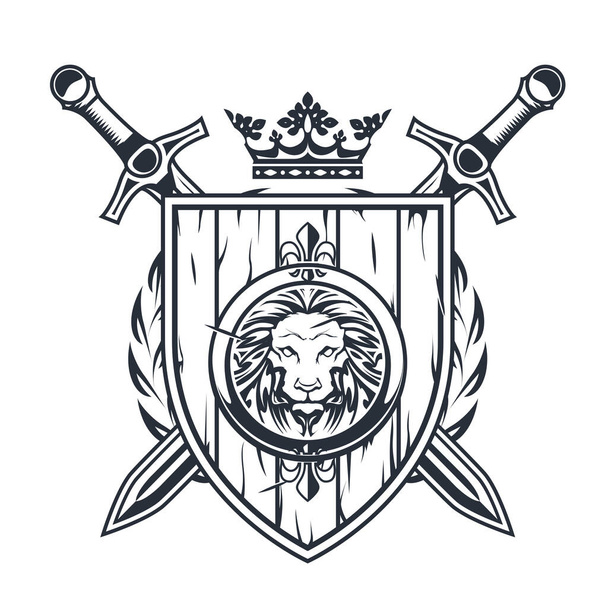 Средневековый блазон со старым деревянным щитом, мечами и короной, рыцарский герб, геральдическая эмблема, вектор - Вектор,изображение
