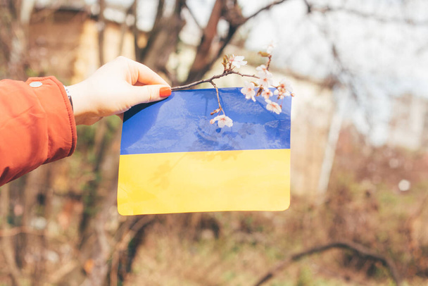 Una mano che tiene bandiera ucraina all'aperto nella zona rurale - Foto, immagini