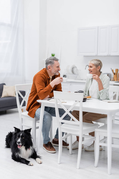 Smiling couple holding cups of coffee near breakfast and border collie in kitchen  - Foto, afbeelding
