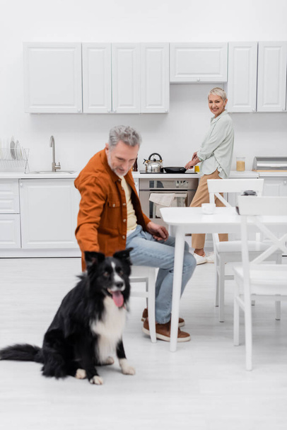 Happy senior woman cooking near blurred husband petting border collie in kitchen  - Photo, Image