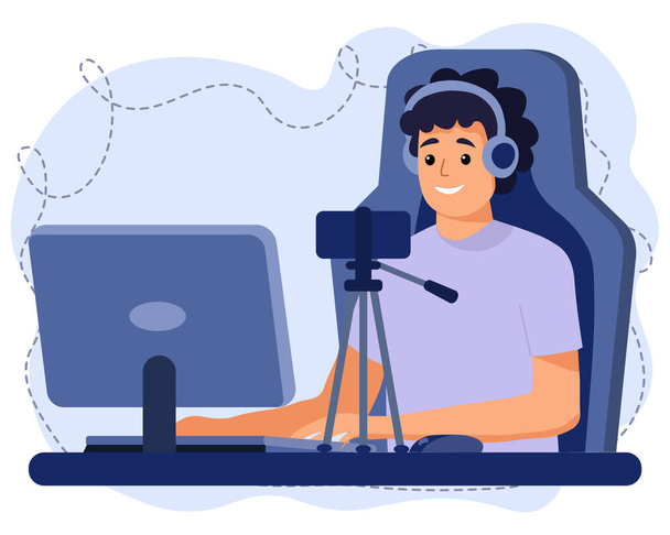 Illustration, the guy is an online radio host, leads a webinar with a microphone, answers calls. Blue colors. Icon, vector - Vector, Image