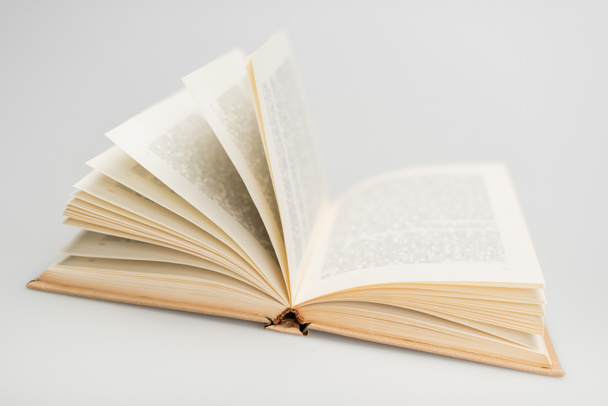 open book with text on light grey background - Foto, imagen