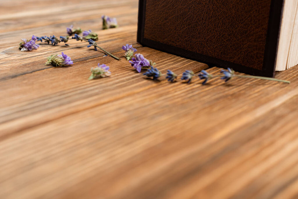book and dried lavender flowers on blurred wooden surface - Photo, Image