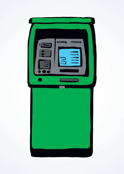 Internetes áruház hitel kijelző bankóma kioszk pin kód billentyűzet pénztár eszköz fehér papíron. Zöld színű kézzel húzott keresni dollár számla fizetés monitor billentyűzet logó jel ikon koncepció grafikus rajzfilm stílus - Vektor, kép