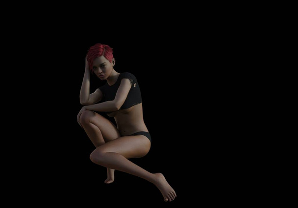красивая зрелая женщина с короткими рыжими волосами и порванной черной рубашкой и в трусиках позирует на темном фоне, 3D иллюстрация - Фото, изображение