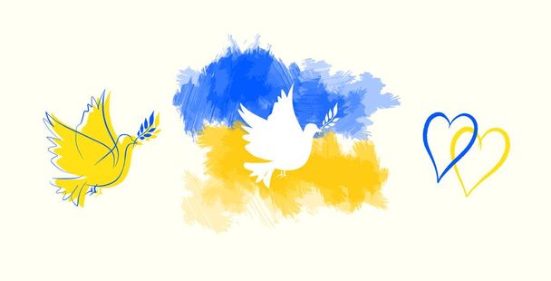 Mír pro Ukrajinu koncept náčrty v podobě samolepky, ukrajinská vlajka barvy - modrá a žlutá se srdcem a holubice míru silueta - Vektor, obrázek