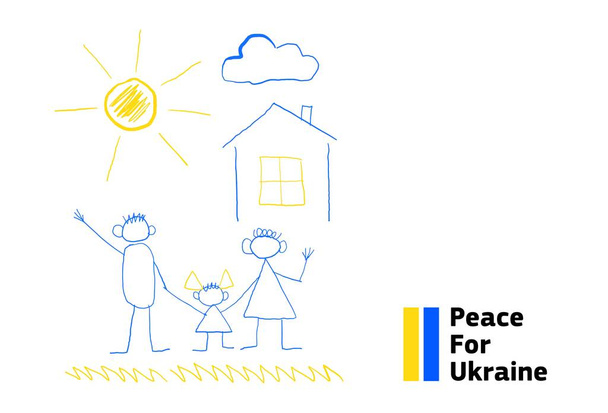 Ειρήνη για την Ουκρανία κάρτα, οικογένεια. Παιδικό σχέδιο, με ήλιο και σπίτι. Ειρήνη έννοια, Ουκρανία, παιδί με τους γονείς - Διάνυσμα, εικόνα