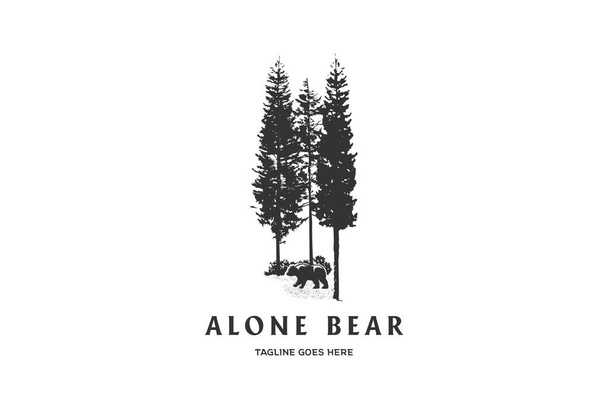 Vintage Retro Pine Spruce Conifer Cedar Cypress Larch Evergreen Fir Trees Forest with Bear for Conservation Logo Design Vector - Vector, Image