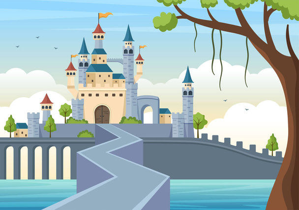Κάστρο με Majestic Palace Αρχιτεκτονική και Παραμύθι Όπως Δάσος Τοπίο στο Cartoon Flat Style Εικονογράφηση - Διάνυσμα, εικόνα