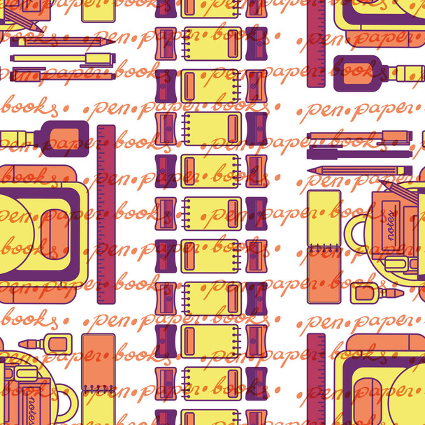 A fun illustration as seamless pattern design featuring school and office related attributes, such as backpack, pen, pencil and others.  - Vector, Image