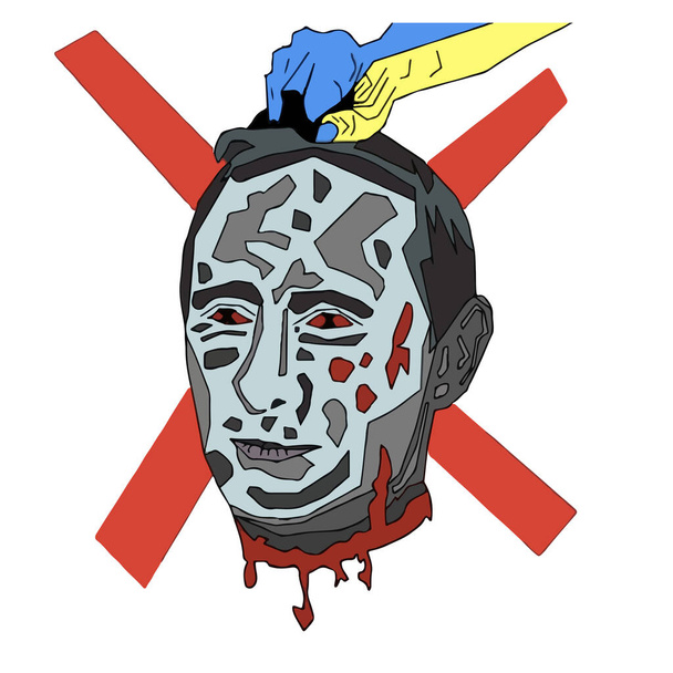   Illustration of dead Putin head in Ukrainian hand, Stop Putin Stop War, stop Russian aggression, Stop the war against Ukraine. vector illustration - Vector, Image
