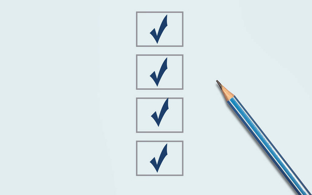 Markierung auf der Checkliste. Checklisten-Konzept, blauer Bleistift mit Kopierraum auf blauem Hintergrund - Foto, Bild