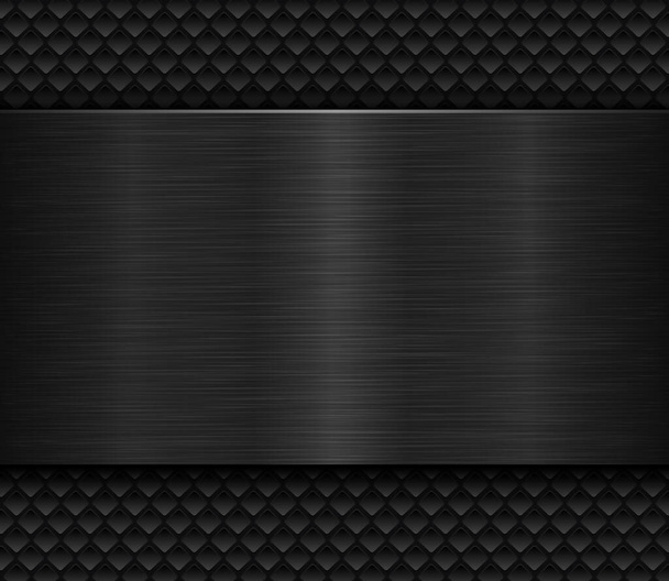 Black metallic background, brushed metal banner on perforated pattern back, 3D dark plate texture vector illustration. - Вектор,изображение
