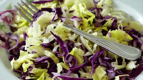 saláta és kelkáposztasaláta tálcán, finomra vágott saláta és káposztasaláta, saláta fogyasztása fogyáshoz, - Felvétel, videó
