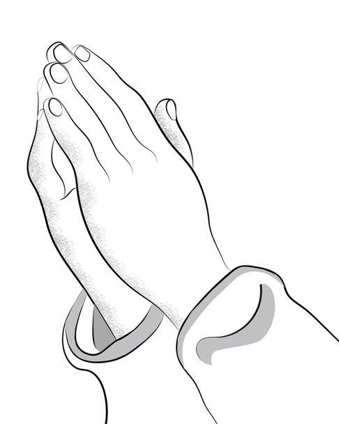 Delineado de mãos orando a Deus. Esboço de mãos rezando, orando por salvação, perdão. Crença religiosa, oração e adoração. Mãos a pedir perdão por actos errados - Vetor, Imagem