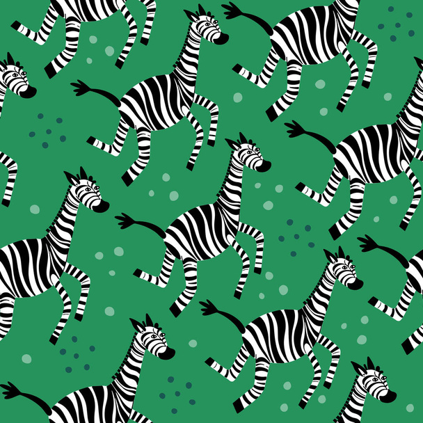 Vector seamless pattern with running on the grass zebras in flat doodle style - Διάνυσμα, εικόνα
