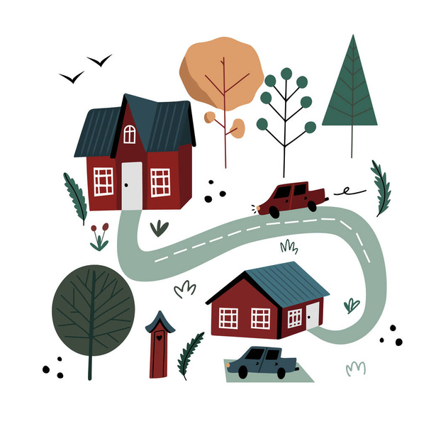 Gesitueerd met doodle dorp Scandinavische huizen, bomen, weg, auto 's en planten geïsoleerd op witte achtergrond - Vector, afbeelding