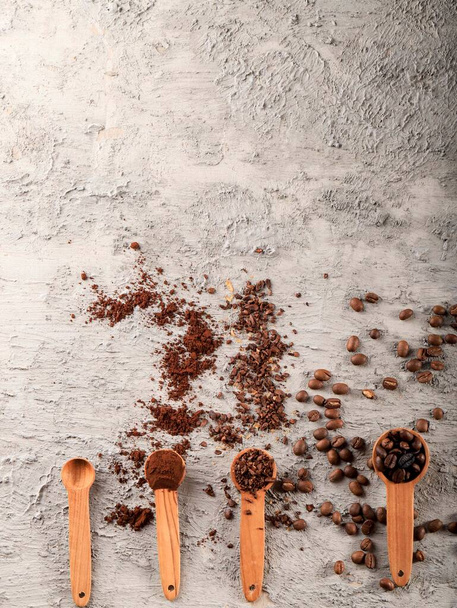 Background with Assorted Coffee, Coffee Beans, Ground and Instant. Retro Style Toned, Copy Space, Top View on Cement Background - Photo, image