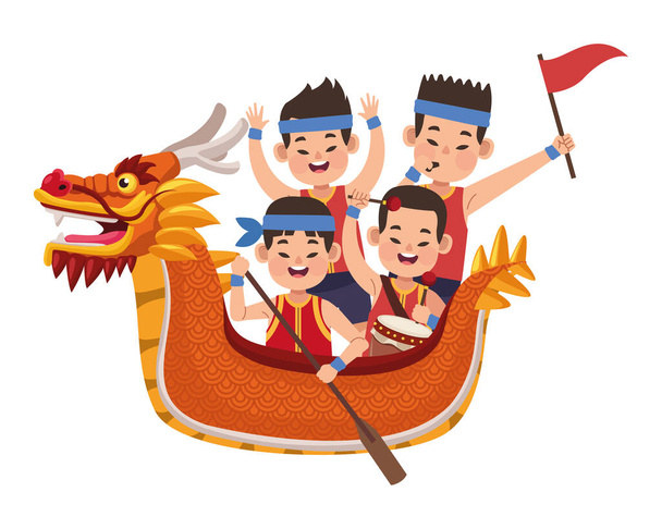 dragon boat with boys - Vector, Image
