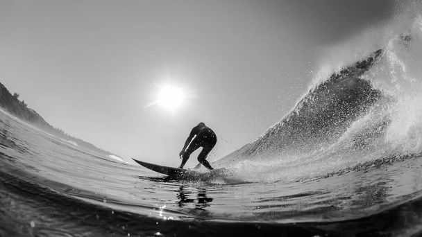 Surfen surfer silhouetted onherkenbare bodem draai close-up abstract water zwemmen actie foto van achteren in het zonlicht voor zwart-wit contrasten. - Foto, afbeelding