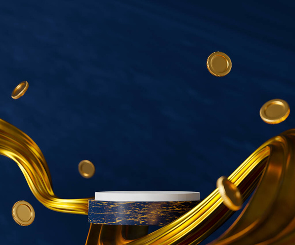 3D vykreslování prázdné tmavě modrý válec pódium s tekutým zlatem a mincemi. Abstraktní scéna pro zobrazení produktu. - Fotografie, Obrázek