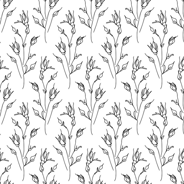 Monochrome seamless pattern with rose flowers line drawings. - Wektor, obraz