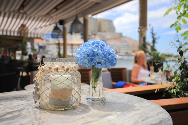 Hydrangea flower in the vase on the table - Φωτογραφία, εικόνα