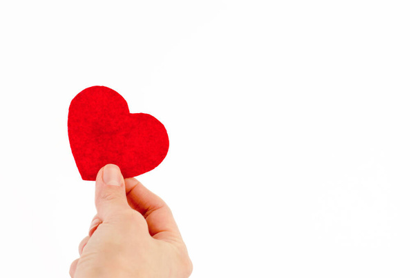Small red heart in a female hand on a white background, copy space - Foto, Imagem