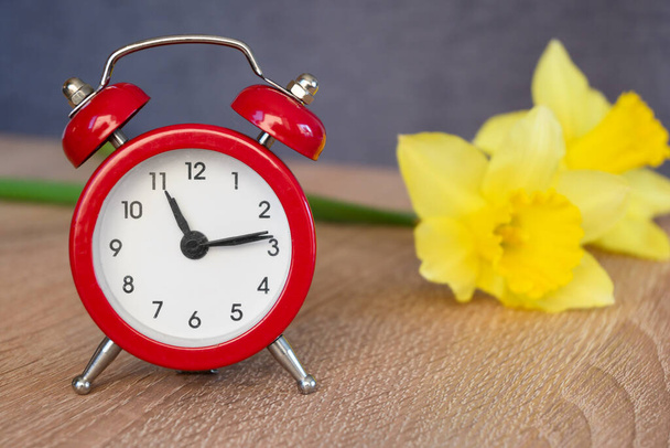 Reloj despertador con flores frescas. Cambio horario primavera-verano - Foto, Imagen