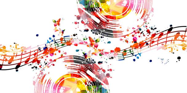 Colorful musical promotional poster with musical notes isolated vector illustration. Artistic playful design with vinyl disc for concert events, music festivals and shows, party flyer - Вектор, зображення