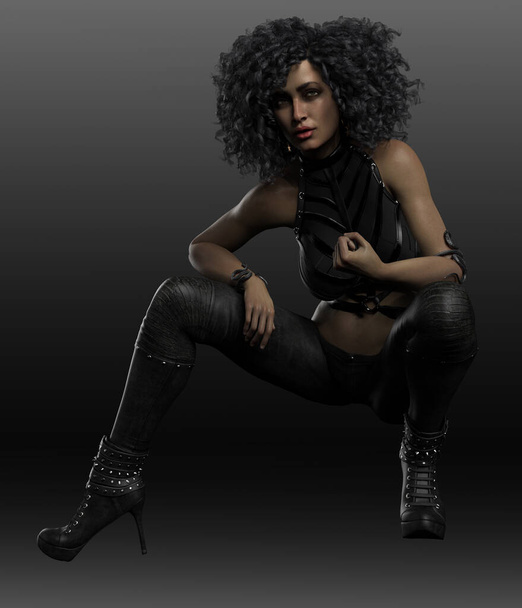 POC Urban Fantasy Woman in Black Leather with Curly Hair - Photo, Image