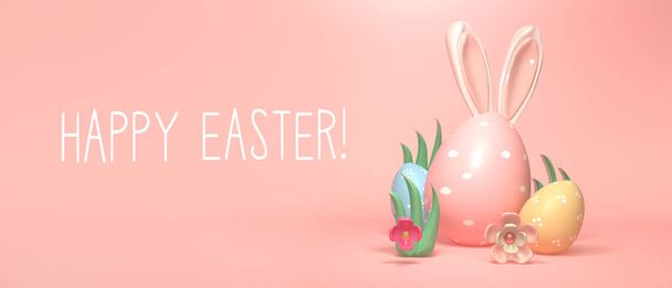 Joyeux message de Pâques avec oeufs de Pâques et oreilles de lapin - Photo, image